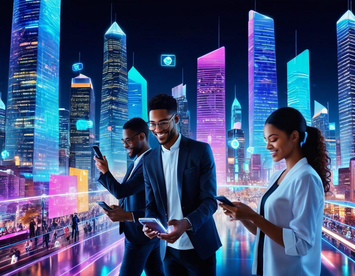 A futuristic cityscape with holographic financial transactions occurring seamlessly in mid-air, showcasing mobile payments and contactless technology. Include diverse people happily using various devices like smartphones and wearable tech to make payments. Background elements such as digital currency icons and innovative financial hubs. Dynamic, tech-savvy atmosphere with neon colors. super-realistic. vibrant colors. white background.