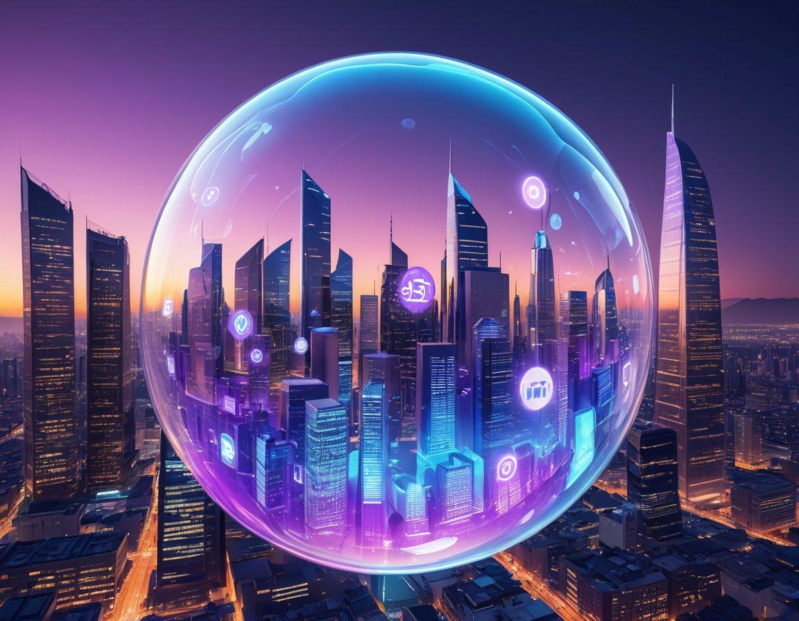 A futuristic cityscape at dusk with glowing skyscrapers and modern financial technology symbols like digital wallets, cryptocurrency icons, and biometric security elements floating in a transparent bubble above the city, symbolizing innovation and security. The background should have a dynamic gradient transitioning from dark blue to electric purple. 3D. vibrant colors.